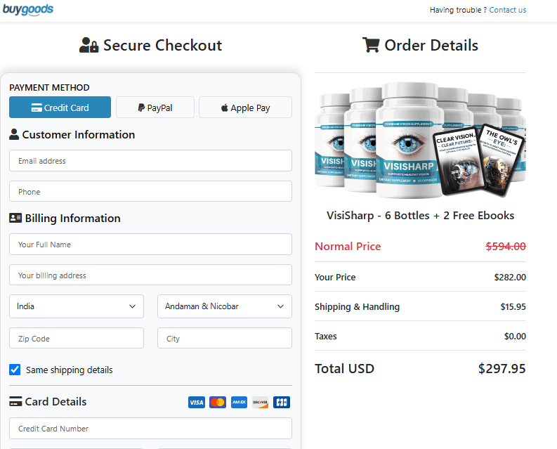 Visisharp Secure Checkout page